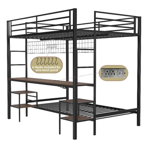 Eso Full Over Twin Bunk Bed- Desk- Storage Shelves- Black Metal