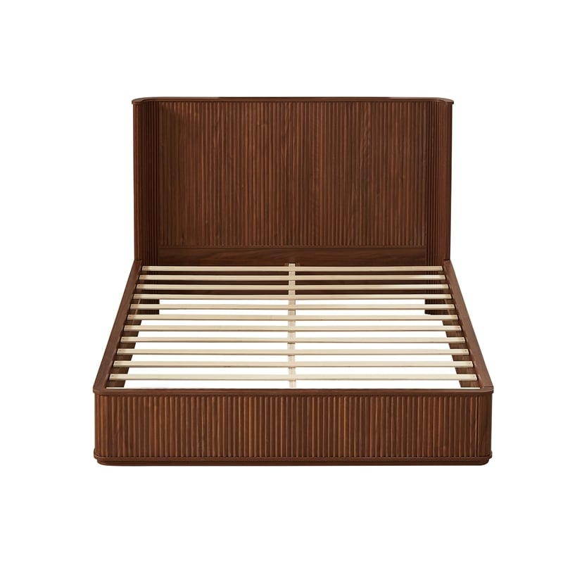 Adiba Fluted Queen Platform Bed with Curved Headboard- Walnut Wood
