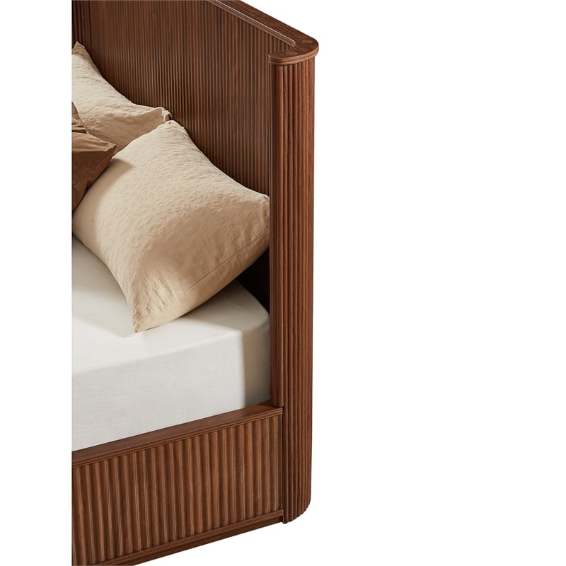 Adiba Fluted Queen Platform Bed with Curved Headboard- Walnut Wood