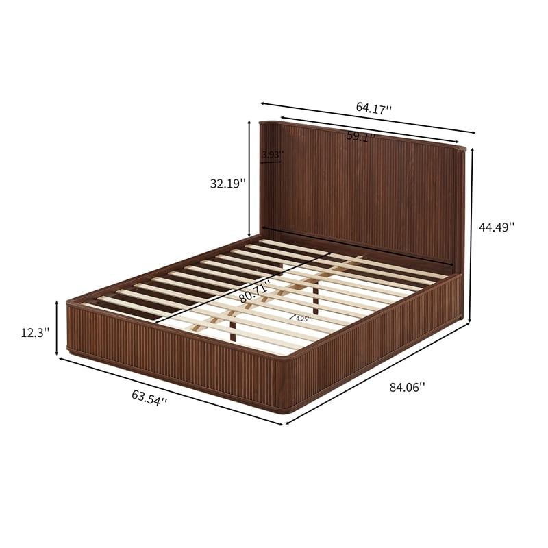 Adiba Fluted Queen Platform Bed with Curved Headboard- Walnut Wood