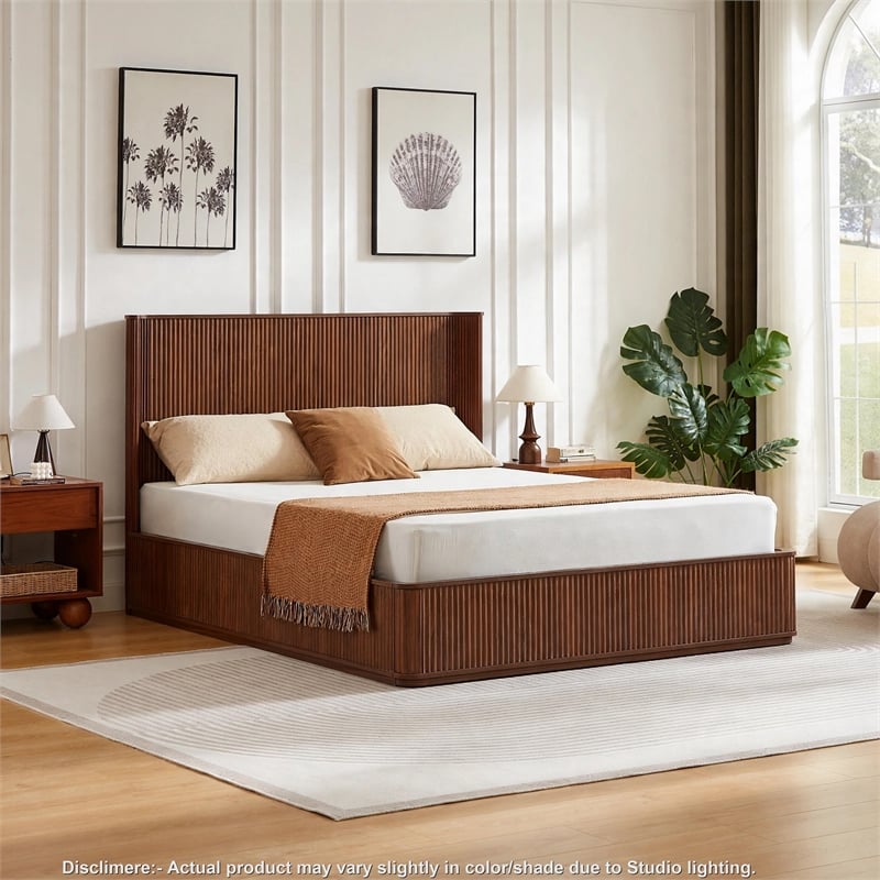 Adiba Fluted Queen Platform Bed with Curved Headboard- Walnut Wood