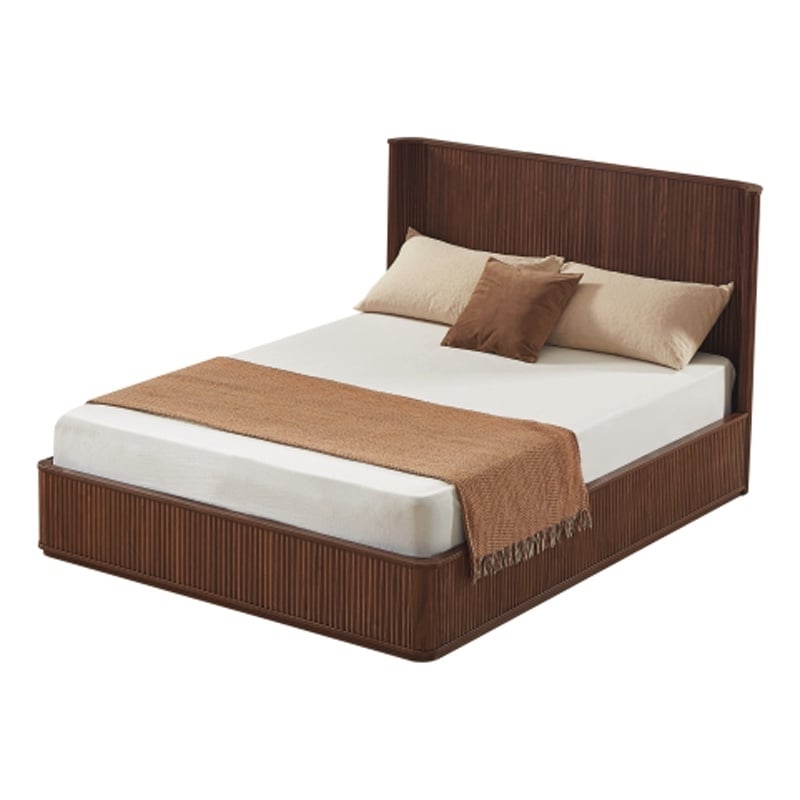 Adiba Fluted Queen Platform Bed with Curved Headboard- Walnut Wood