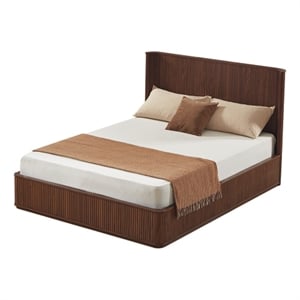 Adiba Fluted Queen Platform Bed with Curved Headboard- Walnut Wood