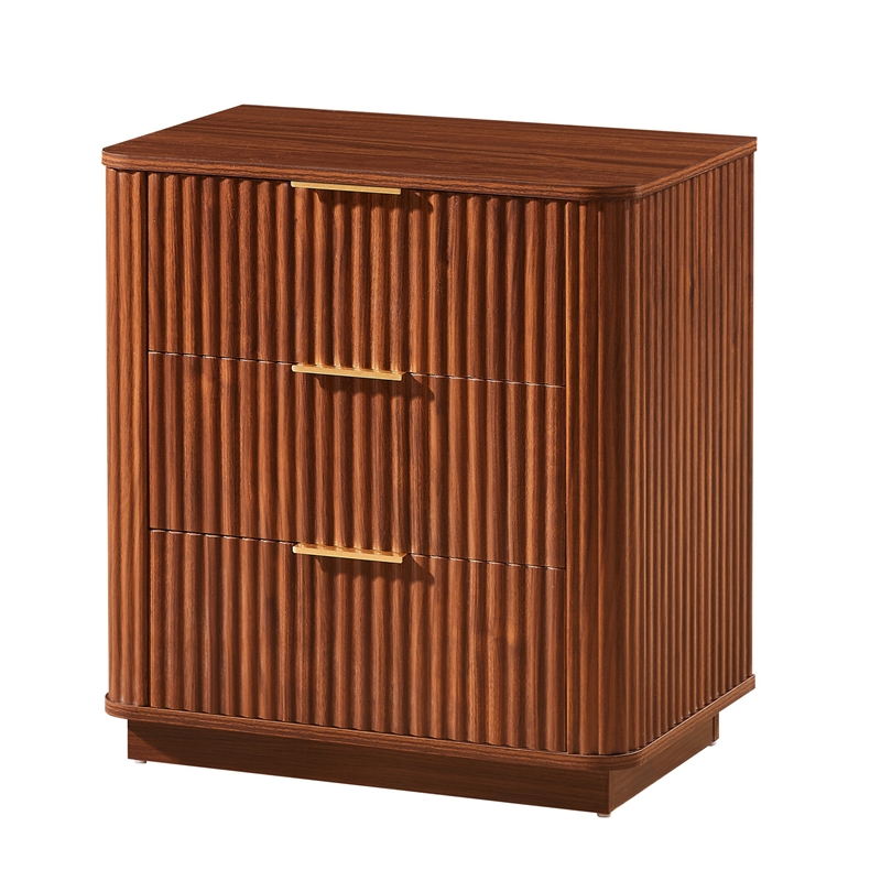 Macky Fluted Wave Nightstand with 3 Drawers- Set of 2- Walnut Brown