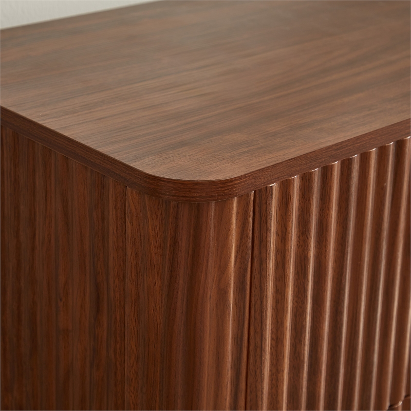 Macky Fluted Wave Nightstand with 3 Drawers- Set of 2- Walnut Brown