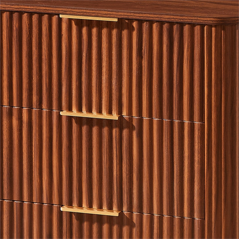 Macky Fluted Wave Nightstand with 3 Drawers- Set of 2- Walnut Brown