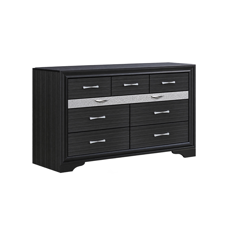 Queen Bedroom Set- Black Gray- 5pc w 2 Nightstands- Dresser- Mirror