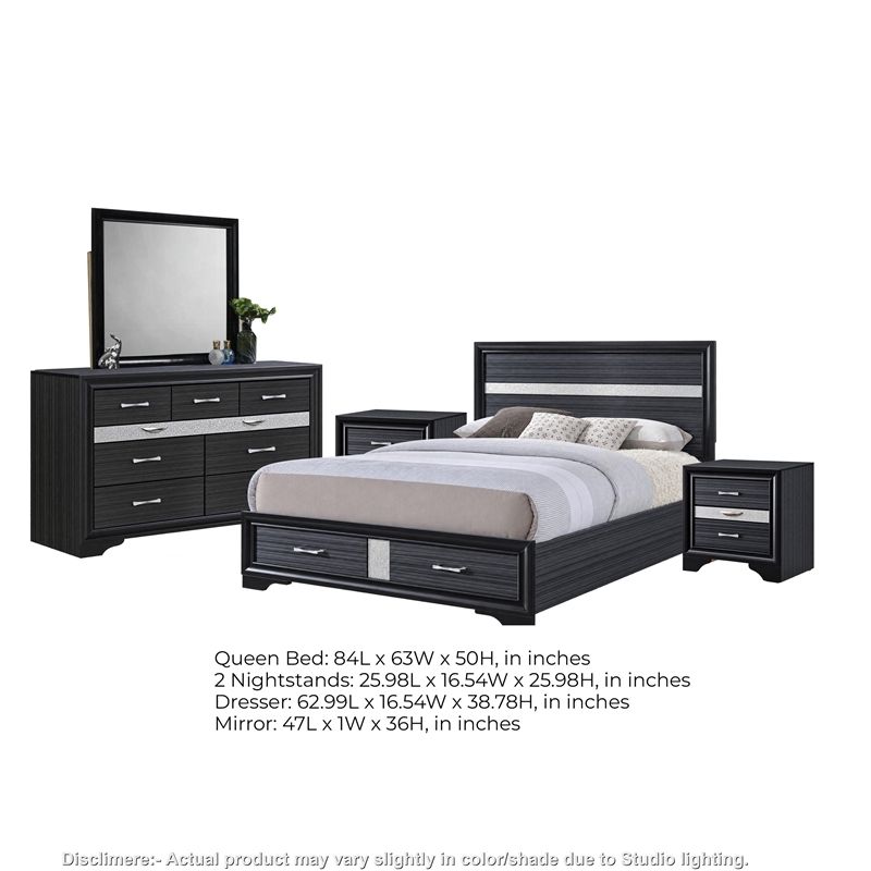 Queen Bedroom Set- Black Gray- 5pc w 2 Nightstands- Dresser- Mirror