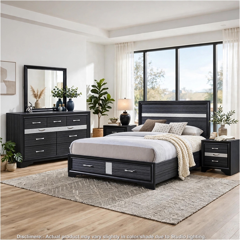 Queen Bedroom Set- Black Gray- 5pc w 2 Nightstands- Dresser- Mirror
