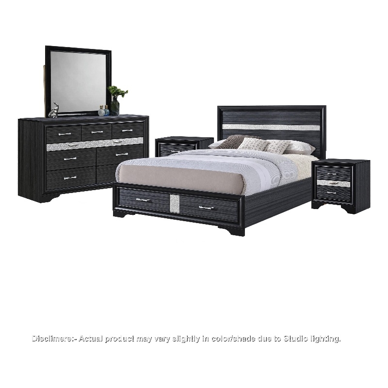 Queen Bedroom Set- Black Gray- 5pc w 2 Nightstands- Dresser- Mirror