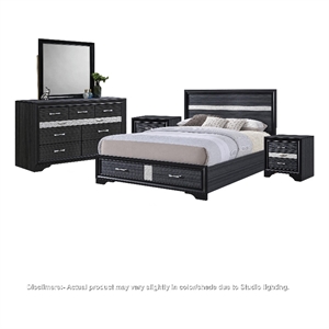 Queen Bedroom Set- Black Gray- 5pc w 2 Nightstands- Dresser- Mirror