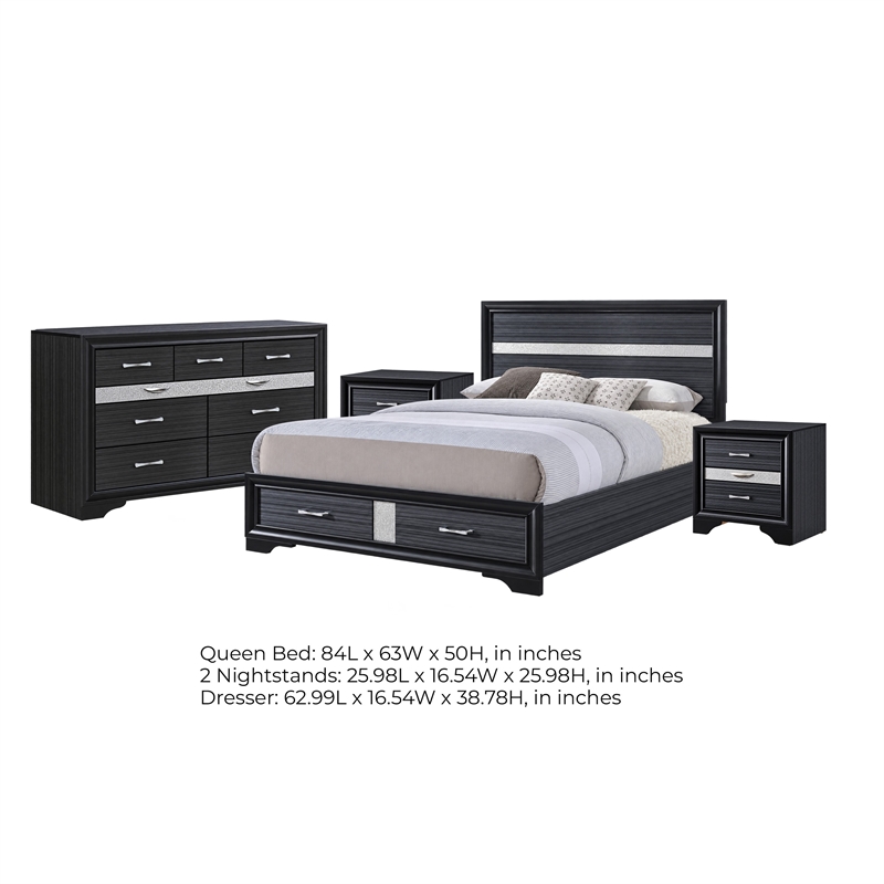 Queen Bedroom Set- Black Gray- 4pc w 2 Nightstands- Dresser