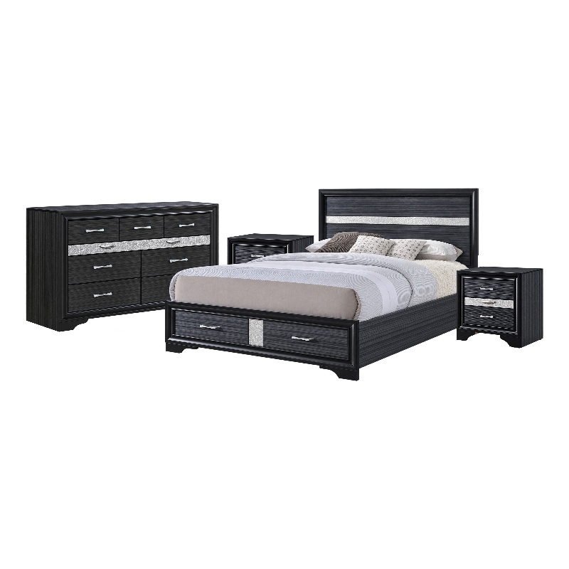 Queen Bedroom Set- Black Gray- 4pc w 2 Nightstands- Dresser