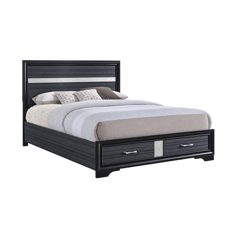 Queen Bedroom Set- Storage Panel Design- Black Gray- 3pc w 2 Nightstands