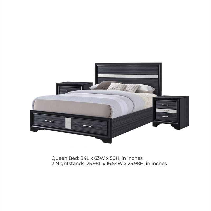 Queen Bedroom Set- Storage Panel Design- Black Gray- 3pc w 2 Nightstands