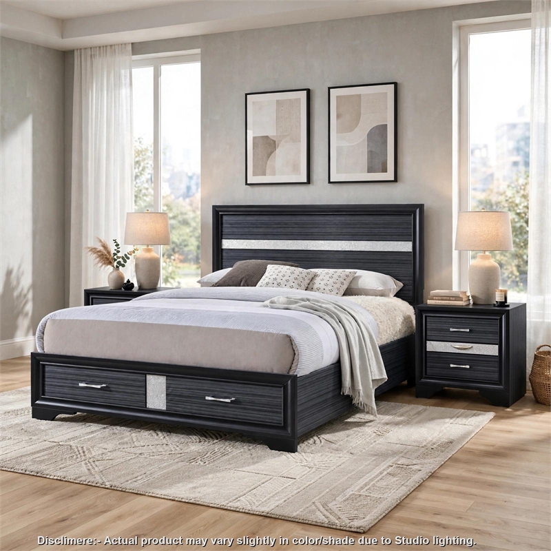 Queen Bedroom Set- Storage Panel Design- Black Gray- 3pc w 2 Nightstands
