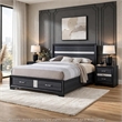 Queen Bedroom Set- Storage Panel Design- Black Gray- 3pc w 2 Nightstands