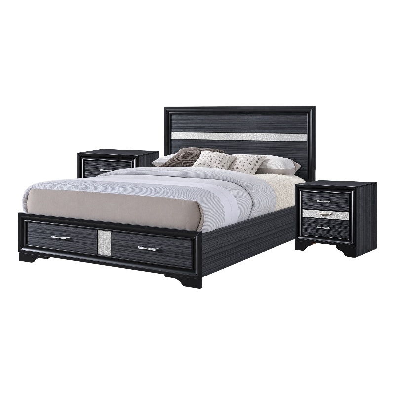 Queen Bedroom Set- Storage Panel Design- Black Gray- 3pc w 2 Nightstands