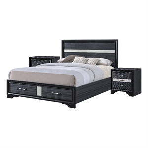 Queen Bedroom Set- Storage Panel Design- Black Gray- 3pc w 2 Nightstands