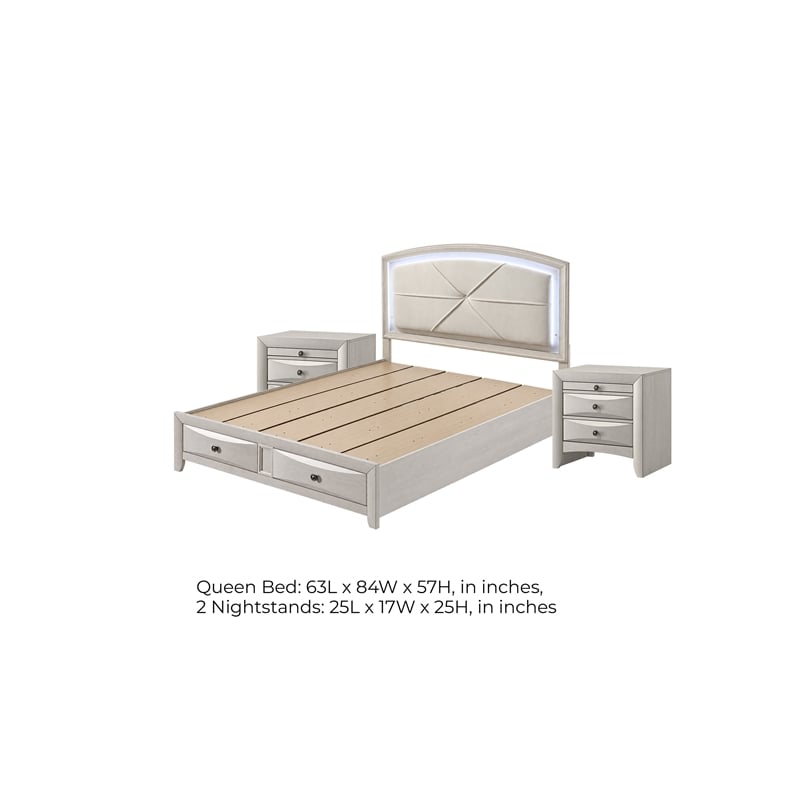 Queen Bedroom Set- Storage- Antique White Zinc- 3pc w 2 Nightstands