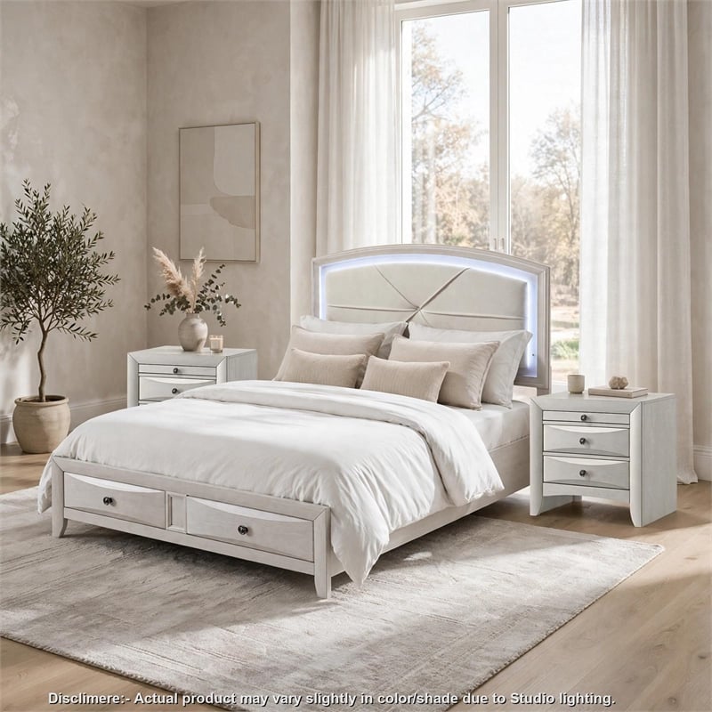Queen Bedroom Set- Storage- Antique White Zinc- 3pc w 2 Nightstands