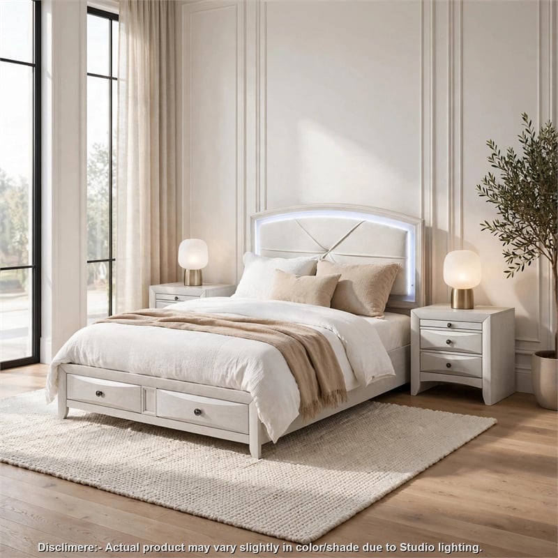 Queen Bedroom Set- Storage- Antique White Zinc- 3pc w 2 Nightstands