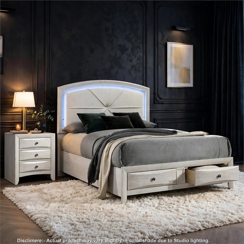Queen Bedroom Set- Storage- Antique White Zinc- 2pc w Nightstand