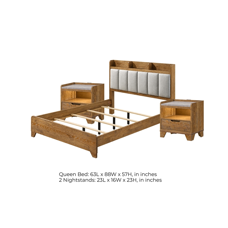 Queen Bedroom Set- Light Aspen Brown Gray- 3pc w 2 Nightstands