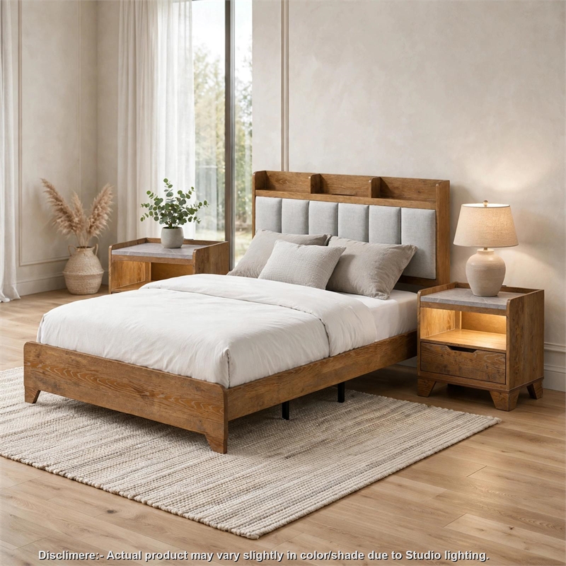 Queen Bedroom Set- Light Aspen Brown Gray- 3pc w 2 Nightstands