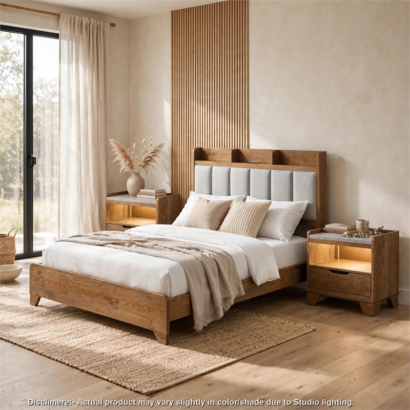 Queen Bedroom Set- Light Aspen Brown Gray- 3pc w 2 Nightstands