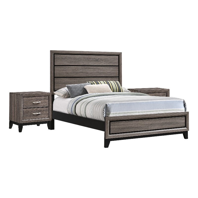 Full Bedroom Set- Gray and Black- 3 Piece Set with 2 Nightstands