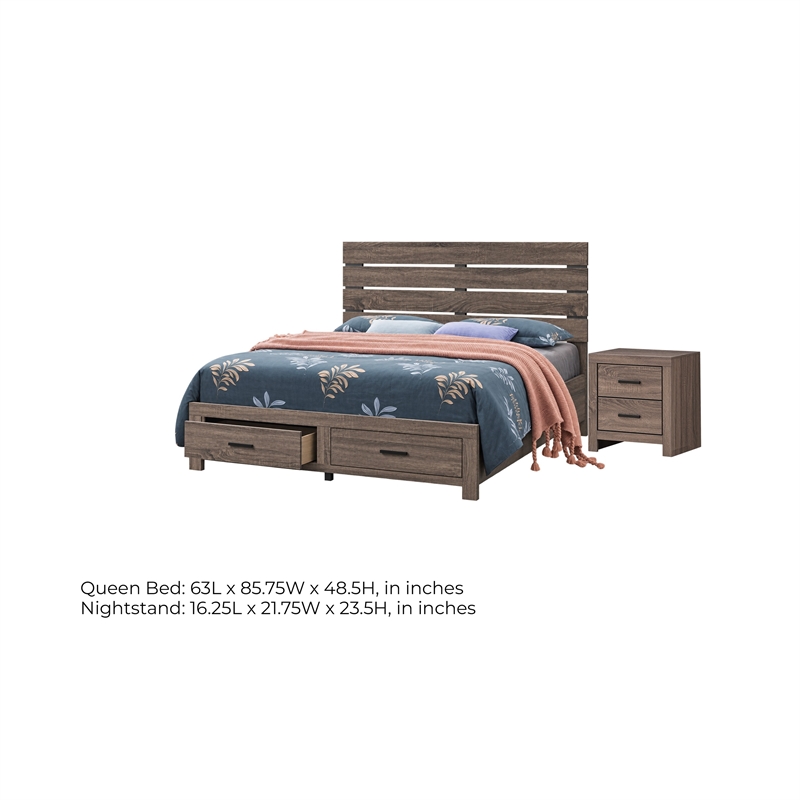 Queen Bedroom Set- Storage Design- Brown- 2 Piece Set with Nightstand