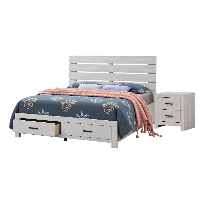 Queen Bedroom Set- Storage Design- White- 2 Piece Set with Nightstand