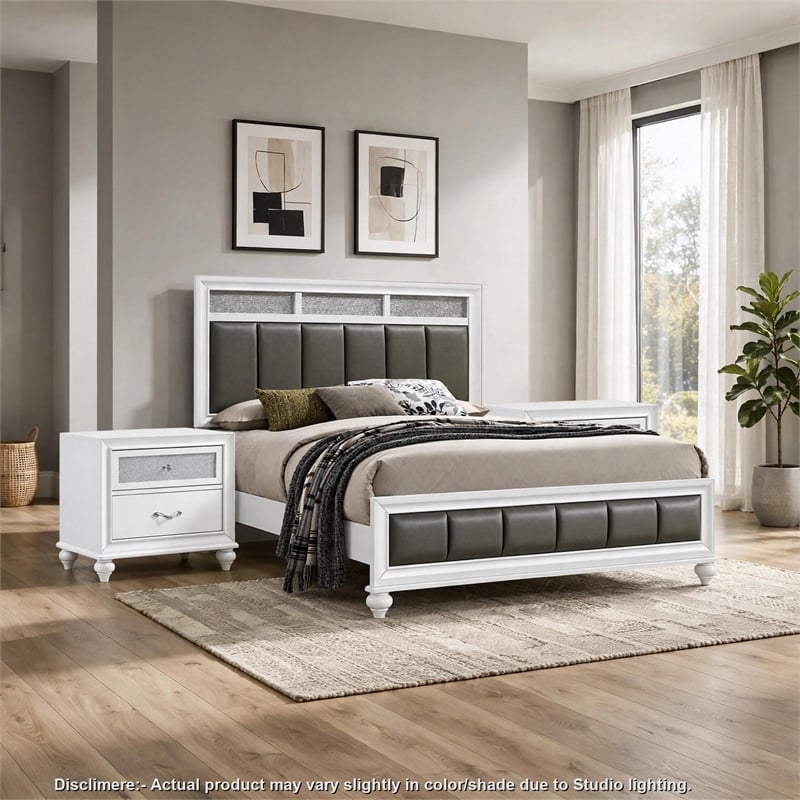 Queen Bedroom Set- White and Gray- 3 Piece Set with 2 Nightstands