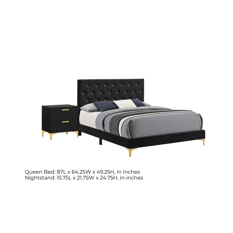 Queen Bedroom Set- Black and Gold- 2 Piece Set with Nightstand