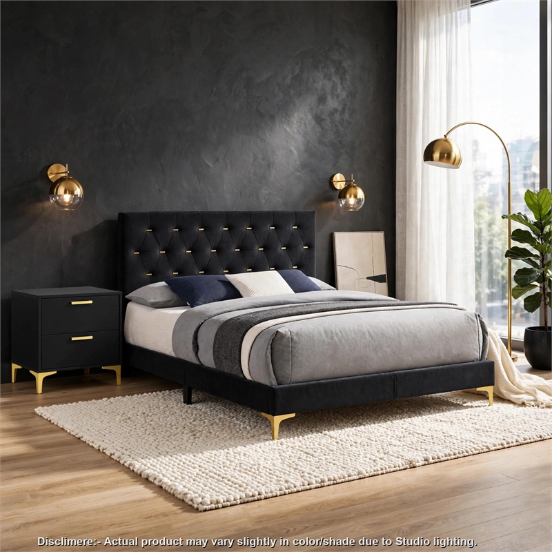 Queen Bedroom Set- Black and Gold- 2 Piece Set with Nightstand