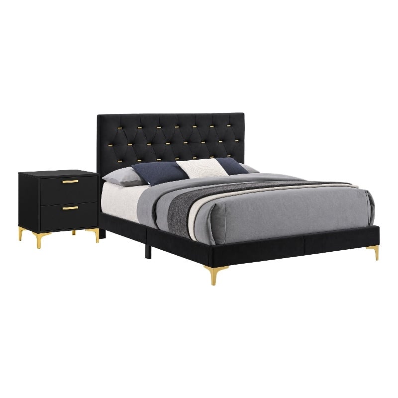 Queen Bedroom Set- Black and Gold- 2 Piece Set with Nightstand
