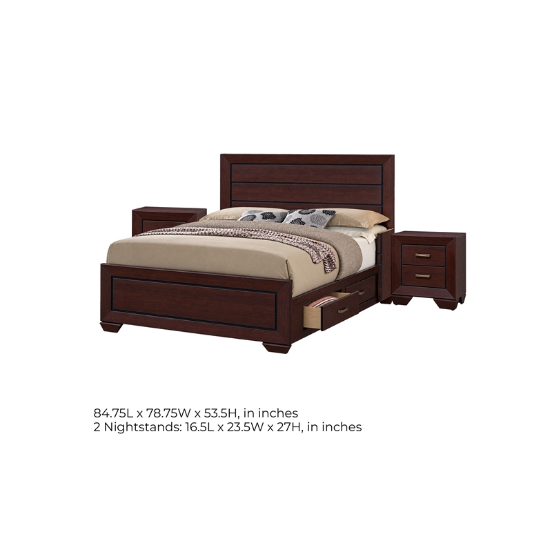King Bedroom Set- Storage Design- Brown- 3 Piece Set with 2 Nightstands