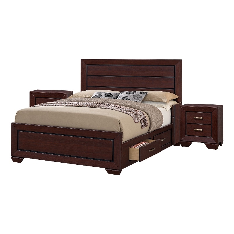 King Bedroom Set- Storage Design- Brown- 3 Piece Set with 2 Nightstands