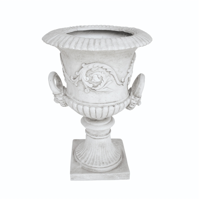 Kiti Urn Planter on Pedestal- Carved Antique White Concrete- 28 Inch