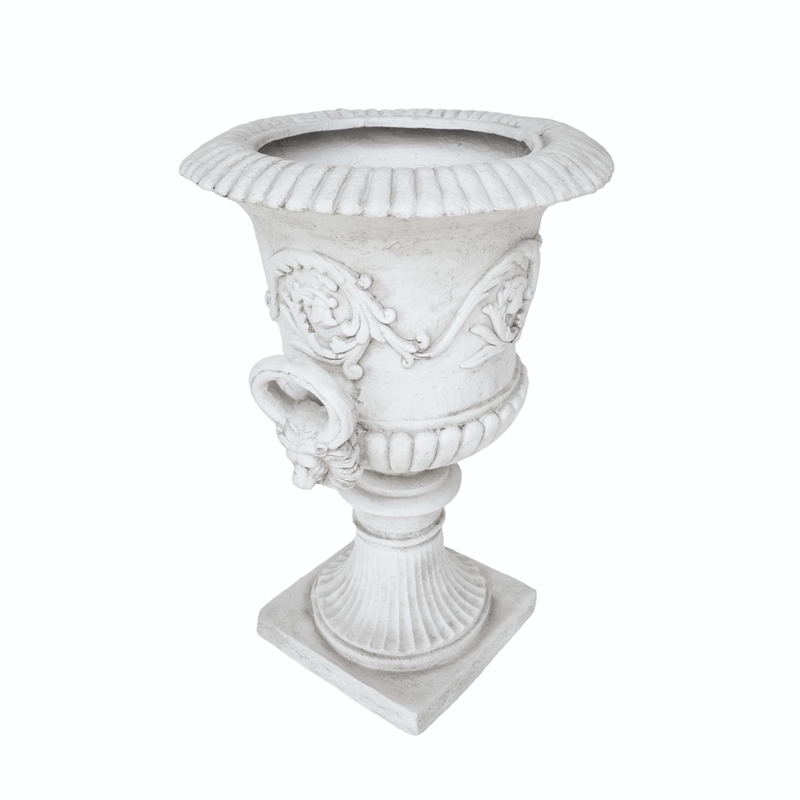 Kiti Urn Planter on Pedestal- Carved Antique White Concrete- 28 Inch