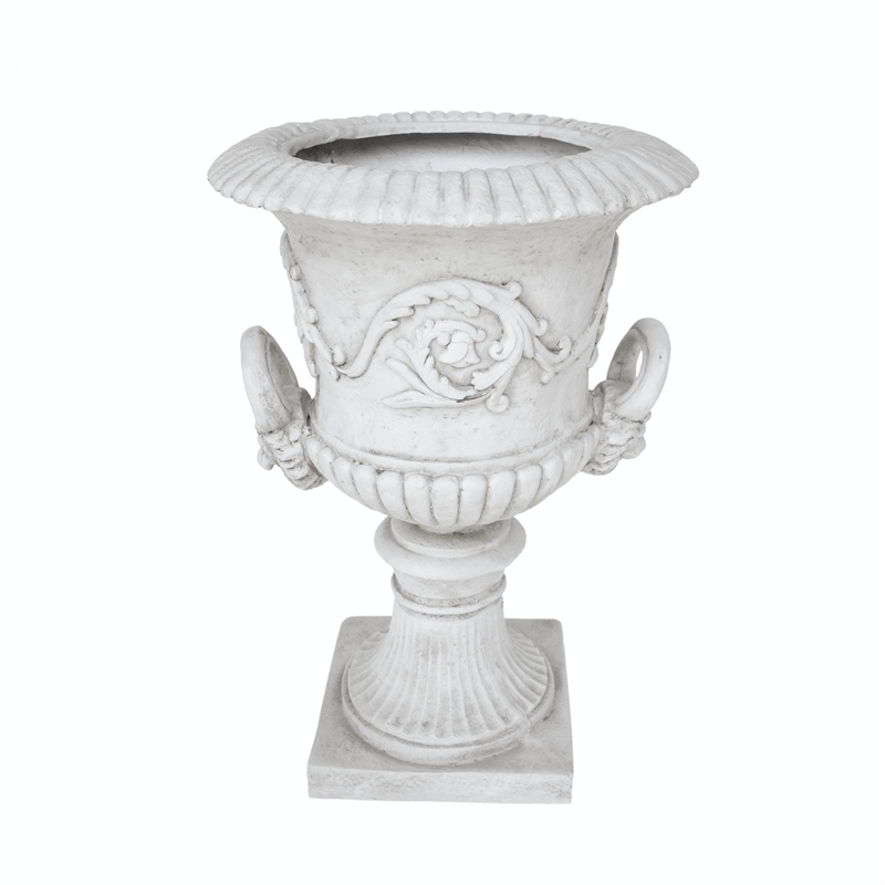 Kiti Urn Planter on Pedestal- Carved Antique White Concrete- 28 Inch