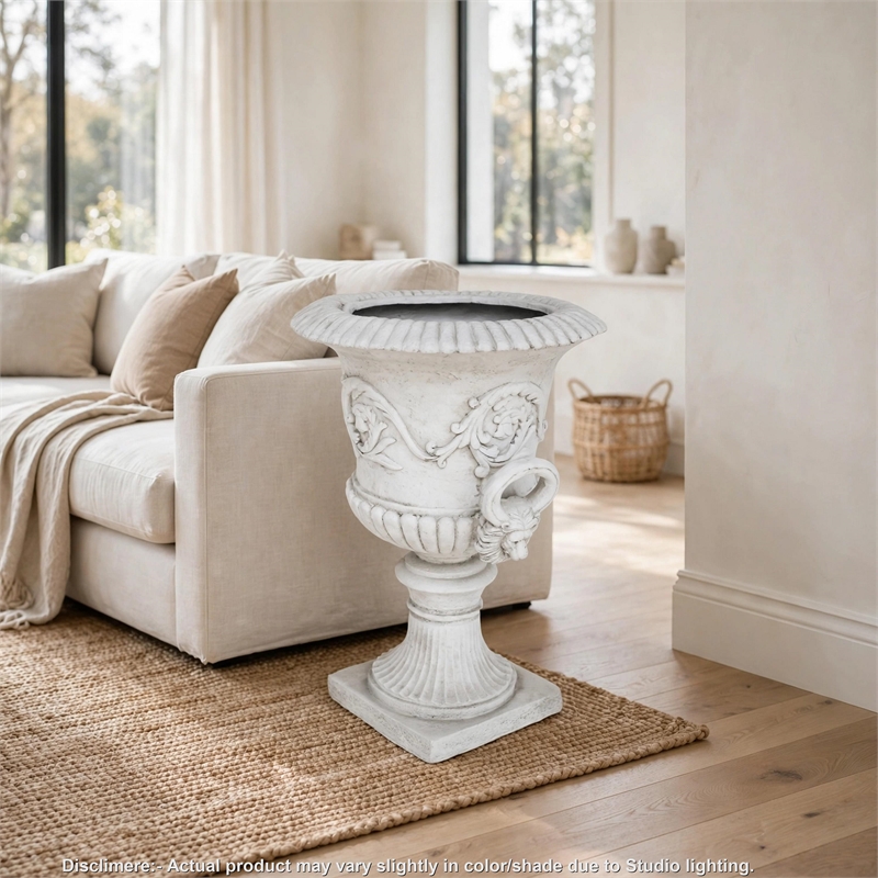 Kiti Urn Planter on Pedestal- Carved Antique White Concrete- 28 Inch