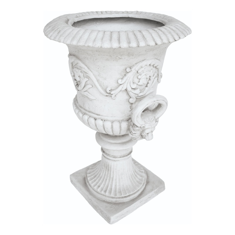Kiti Urn Planter on Pedestal- Carved Antique White Concrete- 28 Inch