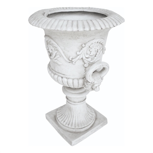 Kiti Urn Planter on Pedestal- Carved Antique White Concrete- 28 Inch