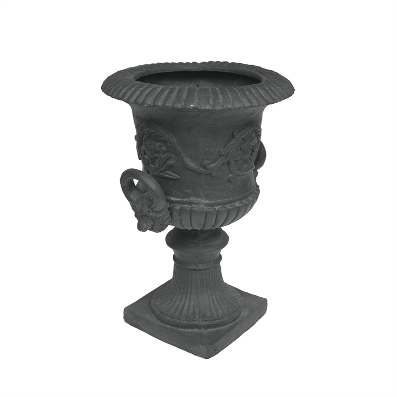 Kiti Urn Planter on Pedestal- Antique Gray Concrete w Carving- 28 Inch