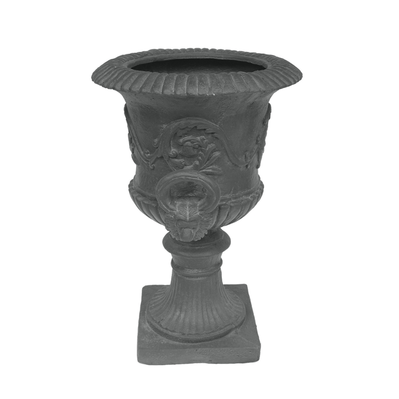 Kiti Urn Planter on Pedestal- Antique Gray Concrete w Carving- 28 Inch