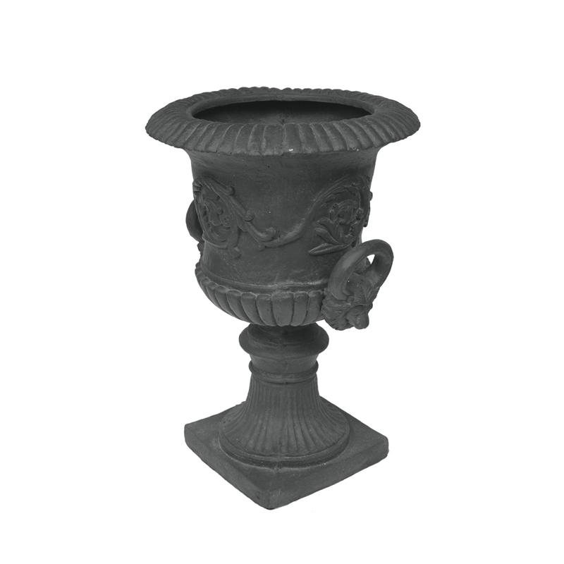 Kiti Urn Planter on Pedestal- Antique Gray Concrete w Carving- 28 Inch