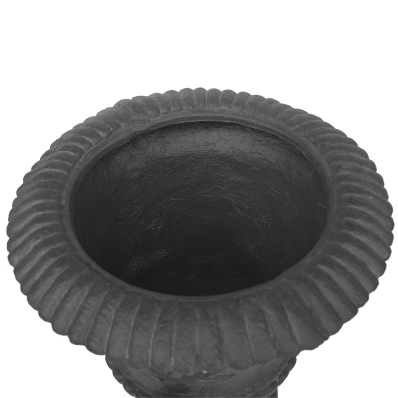 Kiti Urn Planter on Pedestal- Antique Gray Concrete w Carving- 28 Inch