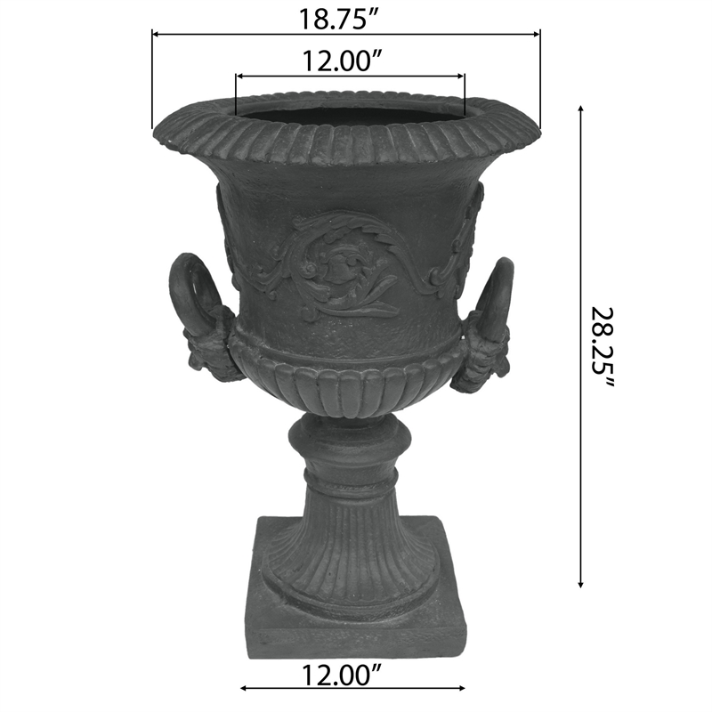 Kiti Urn Planter on Pedestal- Antique Gray Concrete w Carving- 28 Inch